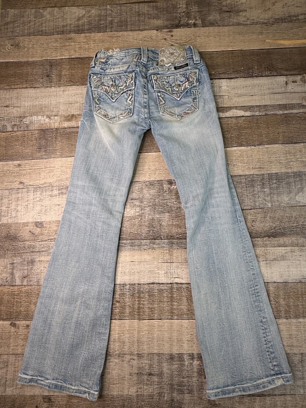 Miss Me Girls Size 10 Boot Cut Jeans Light Wash Embellished Faux Flap Pockets